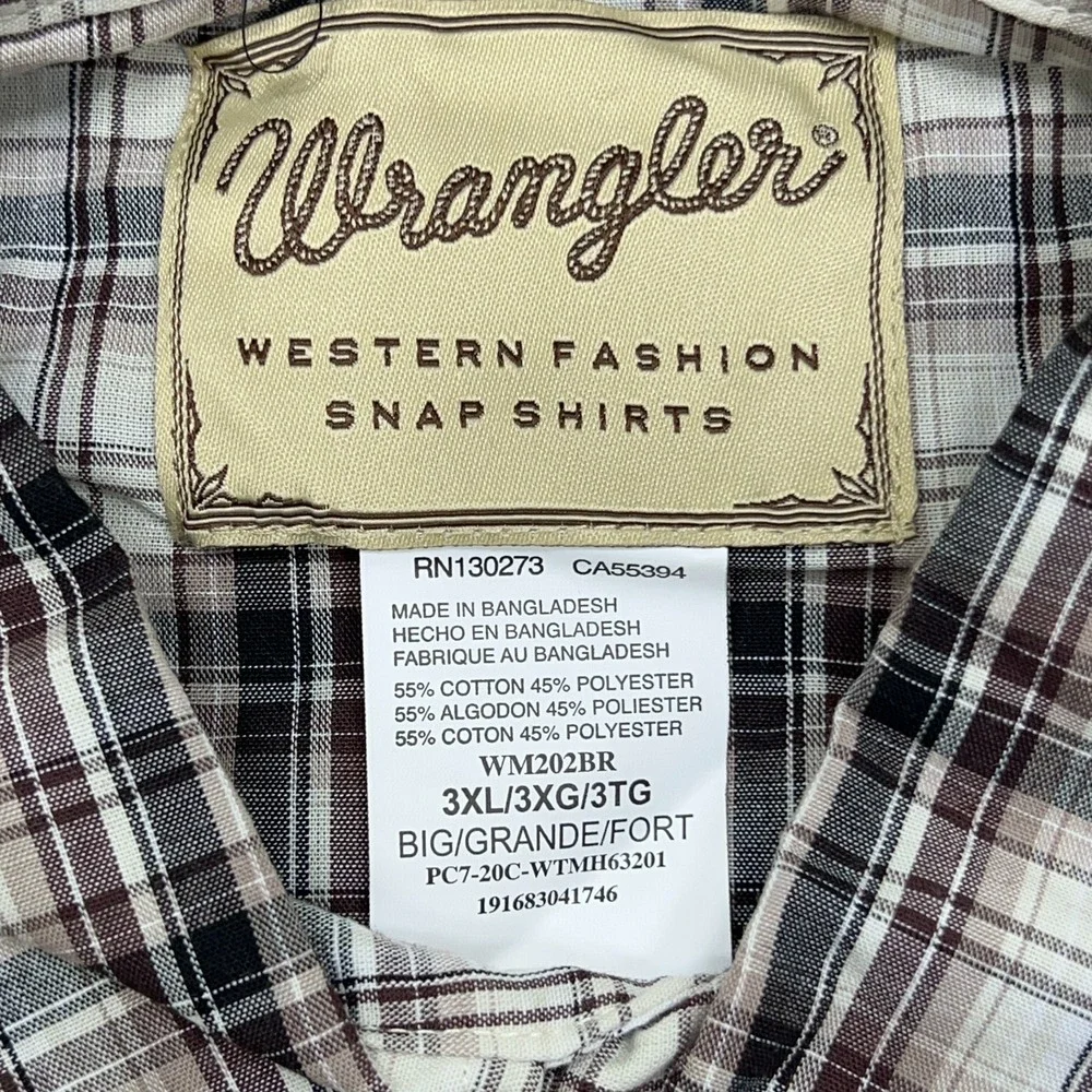 Wrangler Shirt Men's 3XL Brown White Plaid Pearl Snap Short Sleeve Cowboy NWT